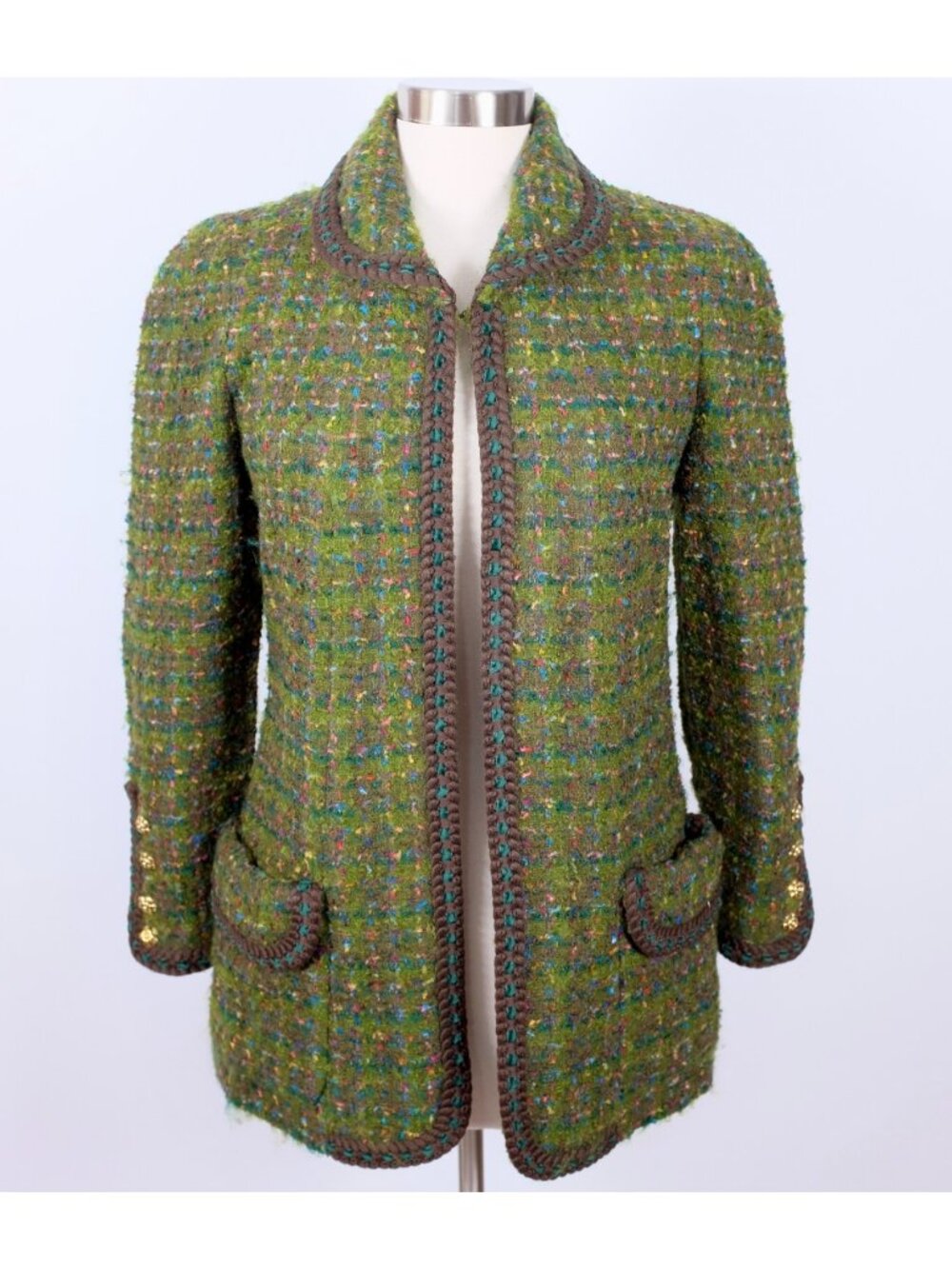 Chanel 1990 long jacket green tweed 40 US 8 vintage open front